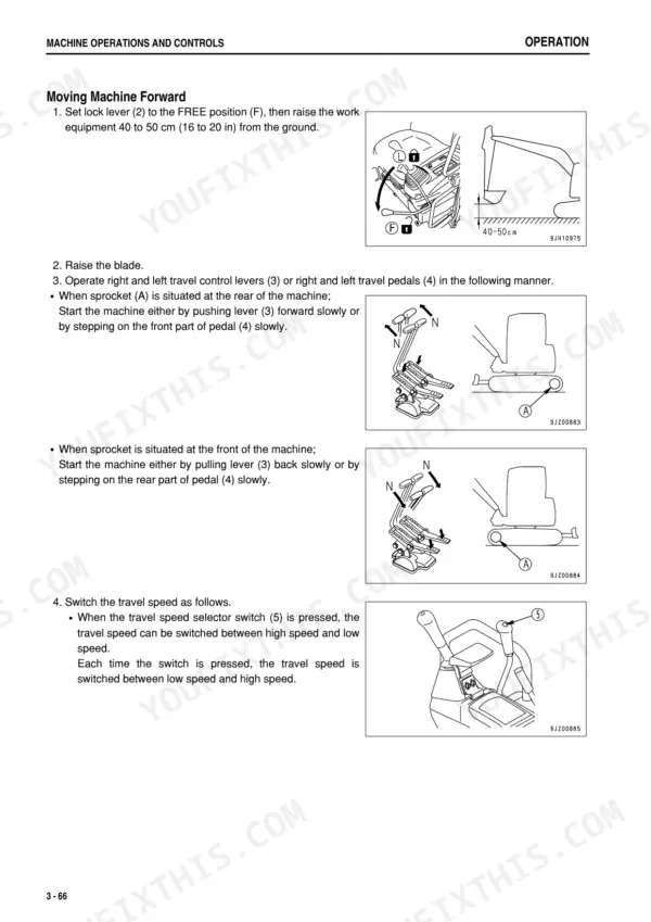 05329ba8-b2-operations-121 Komatsu PC45MR-3, PC55MR-3 operation manual page for moving machine forward, travel levers, pedals, and speed selector switch.