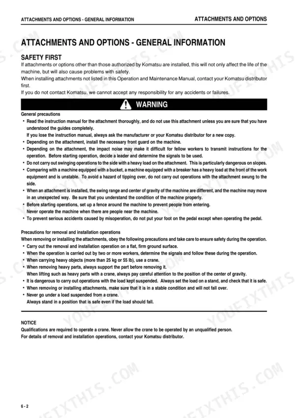 Komatsu PC45MR-3, PC55MR-3 safety precautions for installing, removing, and operating machine attachments and options.