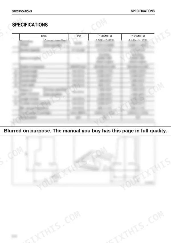 Komatsu PC45MR-3, PC55MR-3 specifications table and dimensional diagram for operating weight, engine, and machine dimensions.