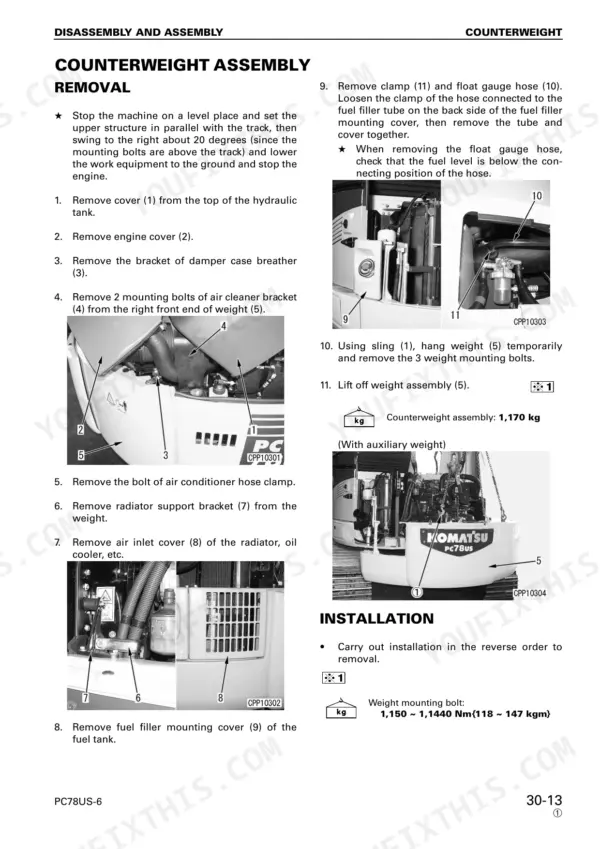 Komatsu PC78US-6, PC78UU-6 counterweight assembly removal and installation procedure with component diagrams.