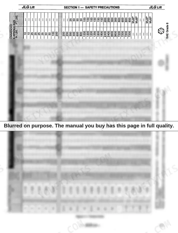 JLG 40HA service manual torque chart for SAE Grade 2, 5, and 8 bolts including clamp load and lubricated torque specifications.