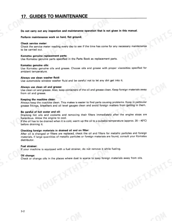 Komatsu PC60-7 maintenance guide page detailing oil, grease, fuel strainer, and cleaning procedures for service.