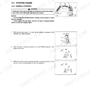 Komatsu PC60-7 operator manual page showing normal engine starting procedure, fuel control lever, and starting switch positions.