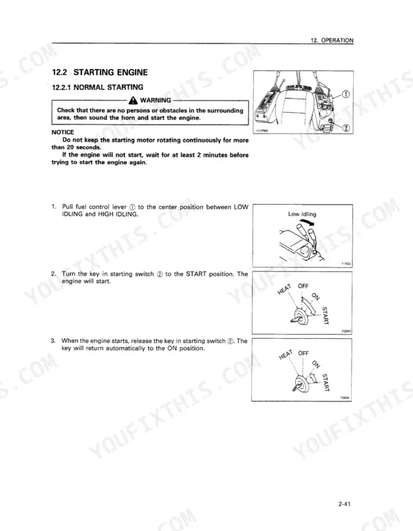 0d3a6c8e-b-operations-83 Komatsu PC60-7 operator manual page showing normal engine starting procedure, fuel control lever, and starting switch positions.