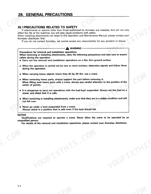 Komatsu PC60-7 manual page detailing general safety precautions for the removal and installation of machine attachments.