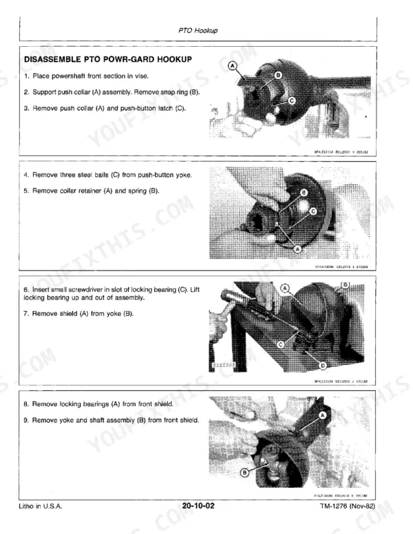 John Deere 430, 530 service manual: step-by-step procedure to disassemble PTO Powr-Gard hookup with component diagrams.