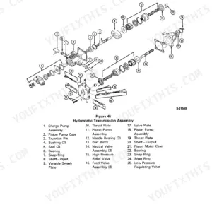 Ford LGT 14D, LGT 16D exploded view of hydrostatic transmission assembly showing pump, motor, valves, and internal components.