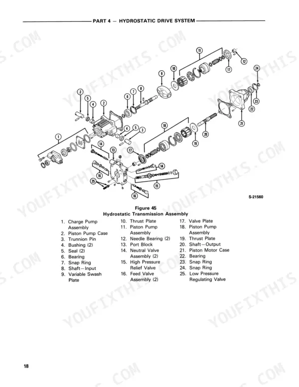 0e49301d-b-exploded-view-174 Ford LGT 14D, LGT 16D exploded view of hydrostatic transmission assembly showing pump, motor, valves, and internal components.