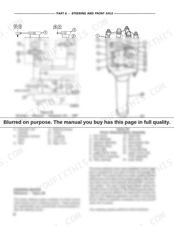 Ford LGT 14D, LGT 16D steering and front axle hydraulic system diagram and power steering motor assembly exploded view.