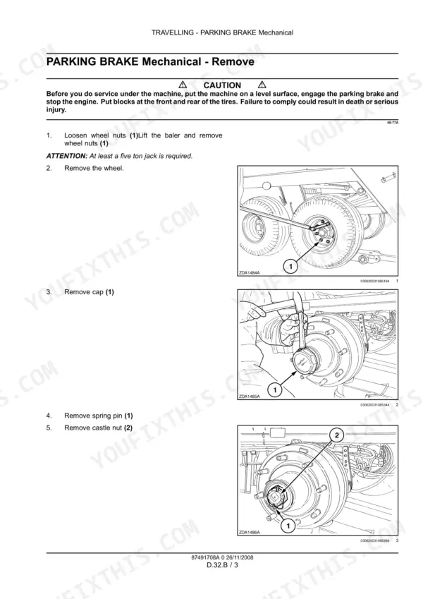 Case IH LB323, LB333, LB423, LB433 mechanical parking brake removal procedure, showing wheel, cap, spring pin, and castle nut removal.