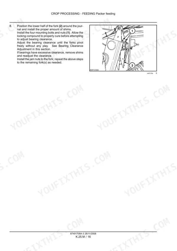 Case IH LB323, LB333, LB423, LB433 packer feeding fork bearing adjustment procedure and component diagram.