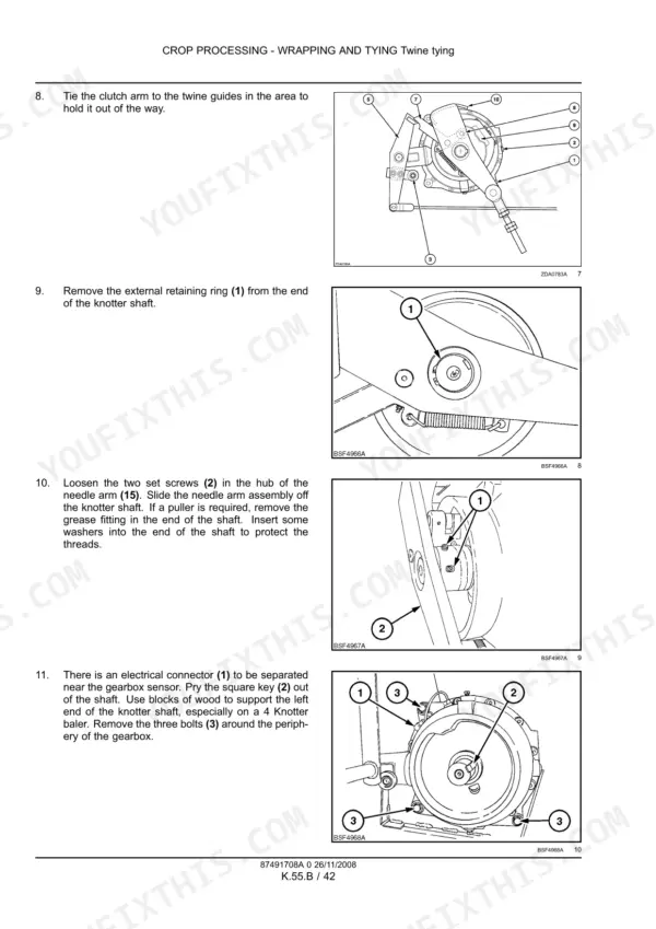 Case IH LB323, LB333, LB423, LB433 twine tying knotter shaft removal and gearbox disassembly procedures with diagrams.