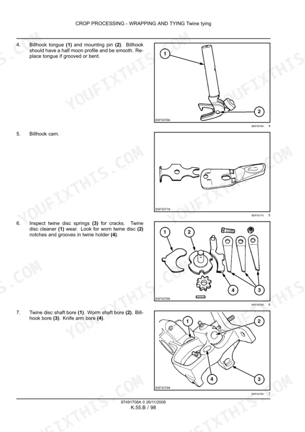 Case IH LB323, LB333, LB423, LB433 service manual page showing billhook, twine disc, and knotter assembly inspection procedures.