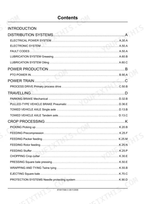 11008d69-b2-toc-4 Case IH LB323, LB333, LB423, LB433 service manual table of contents covering distribution, power, travelling, and crop processing.