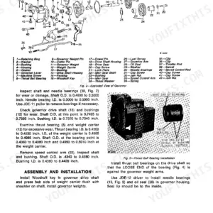 John Deere 4230 gasoline engine governor exploded view, parts list, inspection procedures, and thrust ball bearing installation guide.