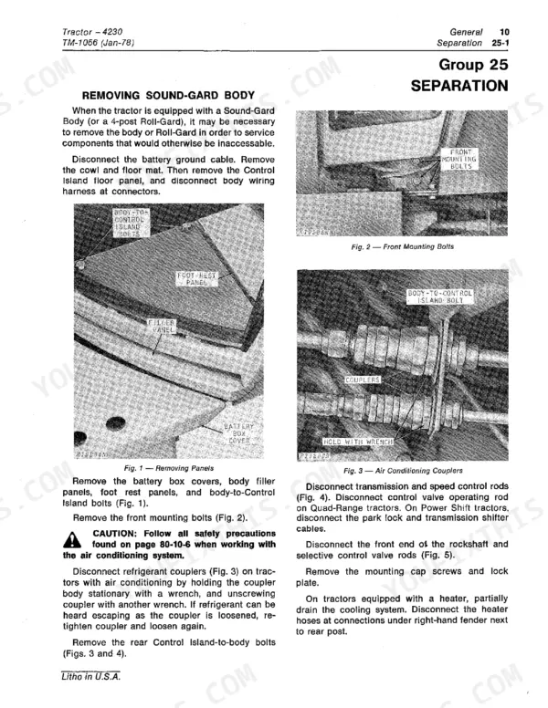John Deere 4230 service manual procedure for removing Sound-Gard body, showing front mounting bolts and air conditioning couplers.