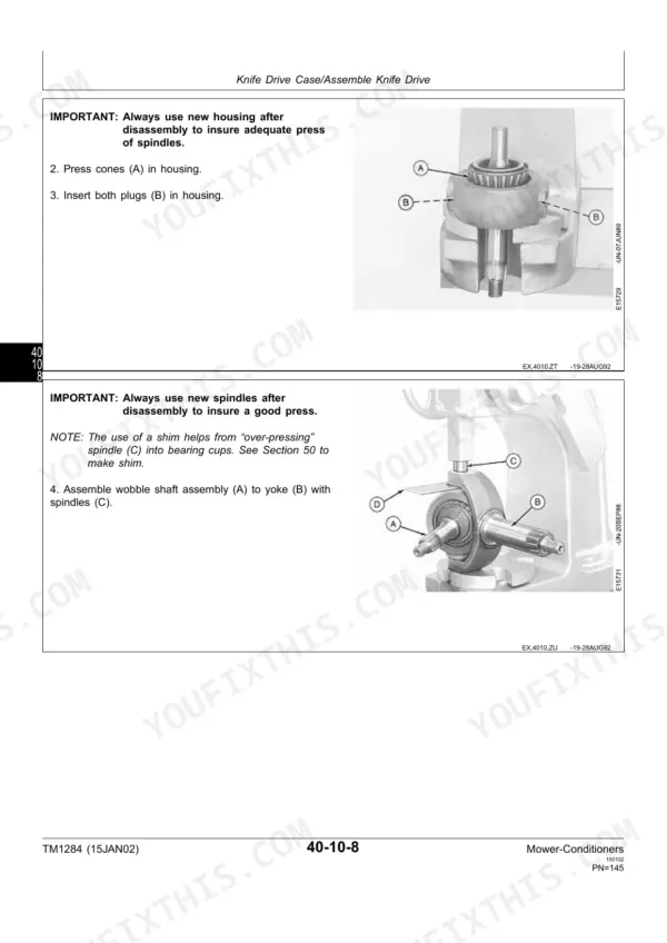 John Deere 1207, 1209, 1217, 1219 knife drive case assembly procedure, showing spindle and wobble shaft installation diagrams.