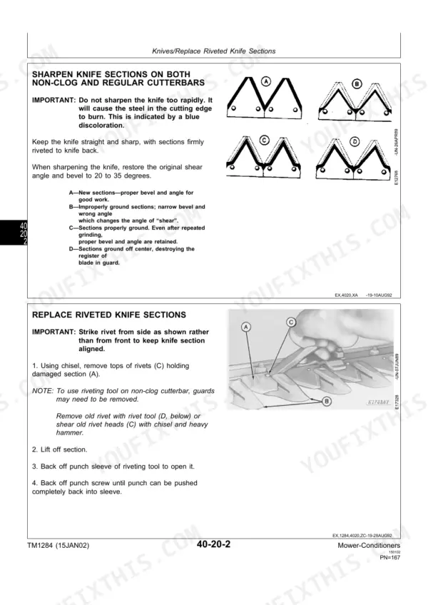 John Deere 1207, 1209, 1217, 1219 mower-conditioner manual: sharpening knife sections and replacing riveted knife sections procedure.
