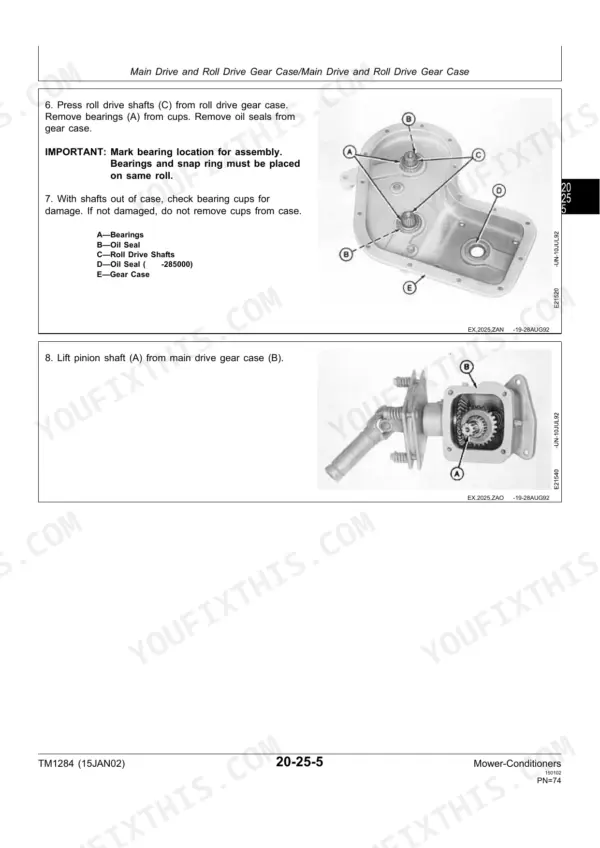John Deere 1207, 1209, 1217, 1219 gear case disassembly procedure showing roll drive shafts, bearings, oil seals, and pinion shaft removal.