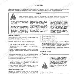 Versatile 835, 855, 875 operator manual page covering safety, engine break-in procedures, prestart inspection, and engine starting.