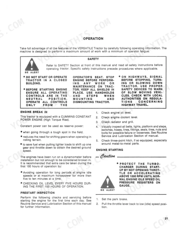 1be572bd-b-operations-23 Versatile 835, 855, 875 operator manual page covering safety, engine break-in procedures, prestart inspection, and engine starting.