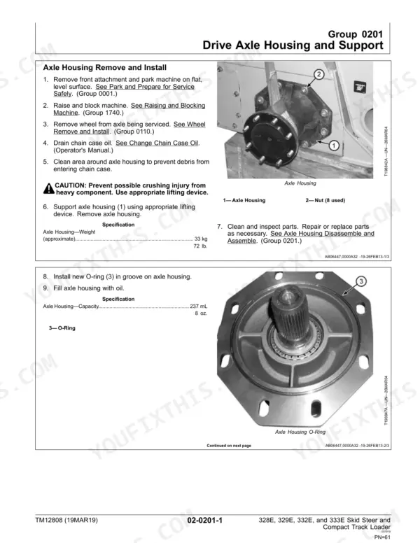 John Deere 328E, 329E, 332E, 333E drive axle housing removal, installation, and O-ring replacement procedure with component diagrams.