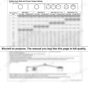 John Deere 328E, 329E, 332E, 333E unified inch bolt and screw torque values table for SAE grades 1, 2, 5, and 8.