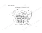1df88cbe-b-controls-12 Komatsu FG20-8 to FD45S-4 forklift operator manual diagram showing numbered dashboard instruments, steering wheel, and control levers.