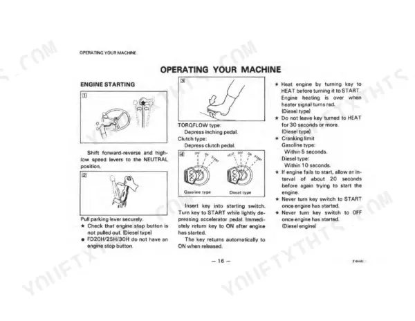 Komatsu FG20-8...FD45S-4 operator manual page showing engine starting procedures, key switch positions, and pedal operation diagrams.