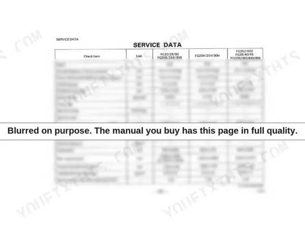 Komatsu FG20-8...FD45S-4 service data table showing engine specifications, valve clearances, ignition timing, and torque converter stall speeds.