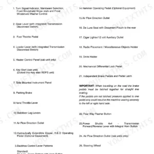New Holland 555E, 575E, 655E, 675E list of controls and instruments for power shuttle machines with analog instruments.