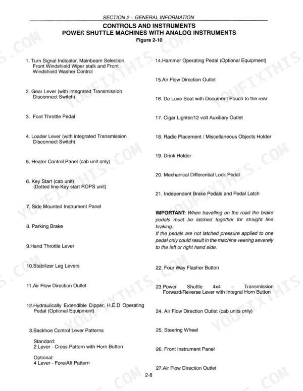 1e026d59-b5-controls-37 New Holland 555E, 575E, 655E, 675E list of controls and instruments for power shuttle machines with analog instruments.