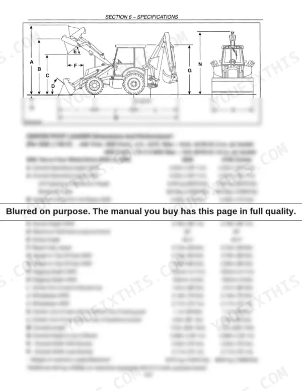 New Holland 555E, 575E, 655E, 675E loader dimensions and performance specification table with labeled diagram.
