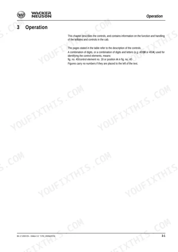 220eaca2-b-operations-51 Wacker Neuson 1703, 2003 operator manual page explaining cab control identification and telltale handling procedures.