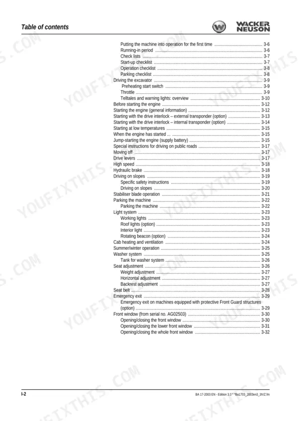 Wacker Neuson 1703, 2003 table of contents page listing operation, driving, lighting, and cab adjustment procedures.