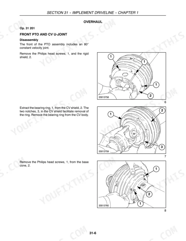 New Holland BR740, BR750, BR770, BR780 front PTO and CV U-joint disassembly procedure showing shield and bearing ring removal.