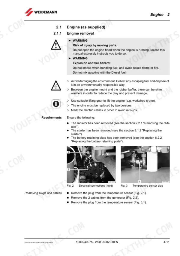 Weidemann 1250 CX35 engine removal procedure, safety warnings, and electrical connection photos for generator and sensor.