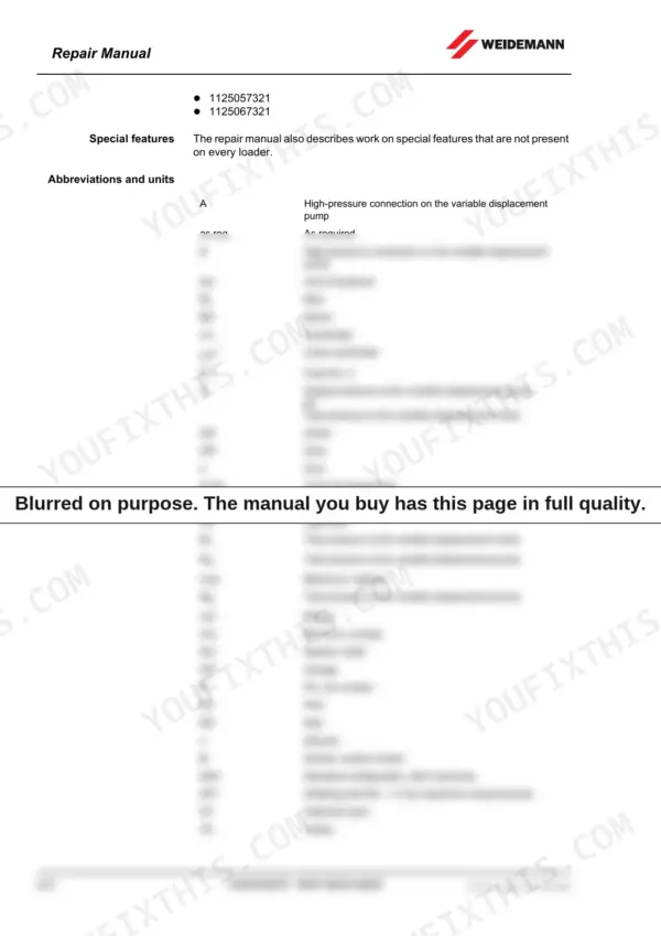 Weidemann 1250 CX35 repair manual page listing abbreviations, units, and hydraulic pump connection definitions.