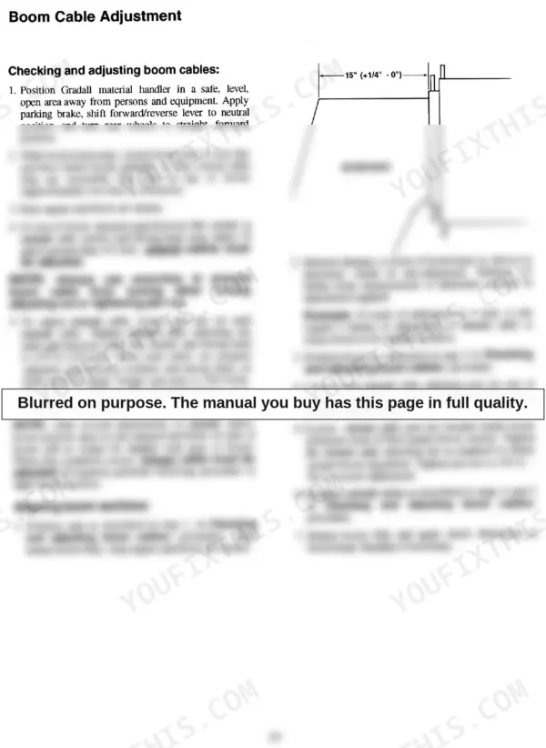 Gradall 522, 524, 532C-6, 534C-6 boom cable adjustment and section alignment procedures with boom head diagram.