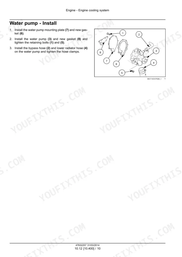 Case N843H, N843L, N843, N844LT, N844L, N844T, N844 water pump installation procedure and exploded view diagram.
