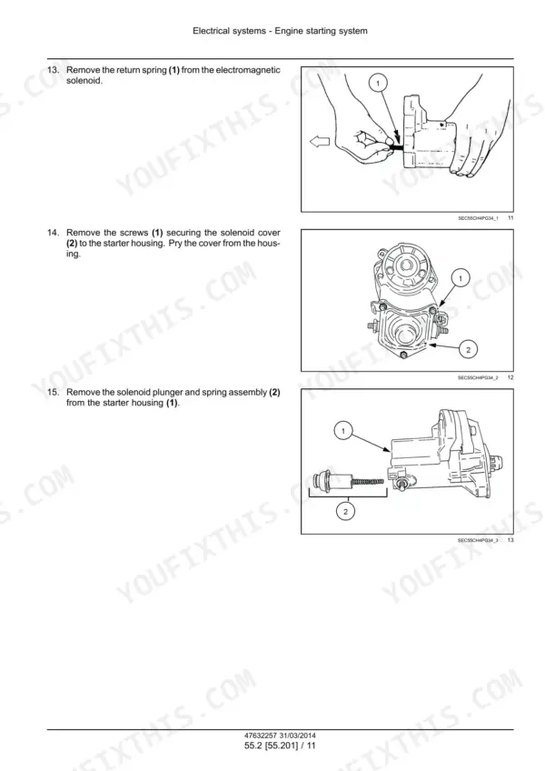 Case N843H, N843L, N843, N844LT, N844L, N844T, N844 engine starter solenoid removal and disassembly procedure diagrams.