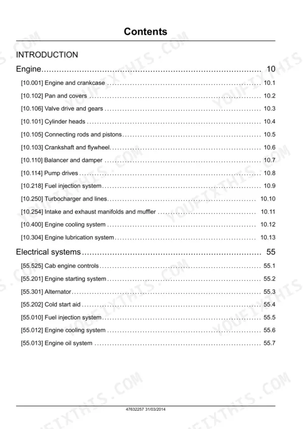 2cfaa462-b2-toc-2 Case N843H, N843L, N843, N844LT, N844L, N844T, N844 service manual table of contents for engine and electrical systems.