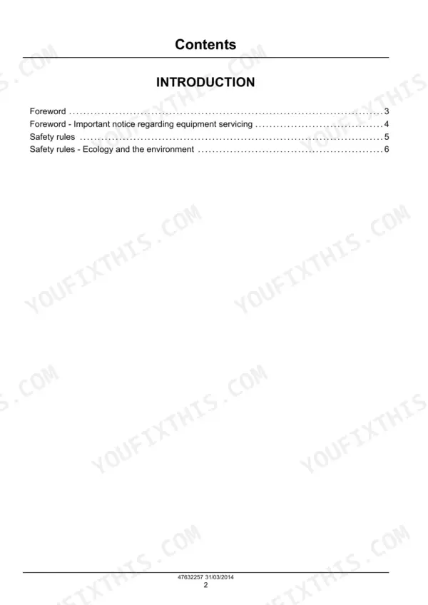 Case N843H, N843L, N843, N844LT, N844L, N844T, N844 service manual table of contents page for introduction and safety rules.