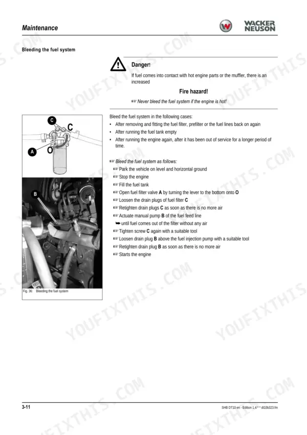 Wacker Neuson DT10 maintenance procedure for bleeding the fuel system, including diagrams of fuel filter valves and pump.