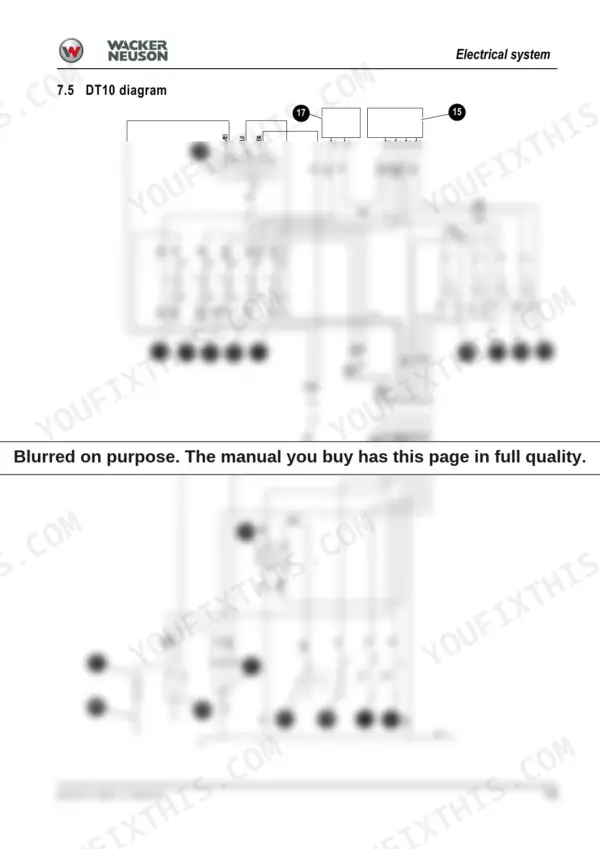 2d627871-b2-wiring-127 Wacker Neuson DT10 electrical system wiring diagram showing numbered components, relays, fuses, and battery connections.