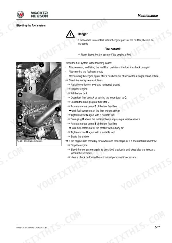 Wacker Neuson DT15 maintenance manual page showing procedures for bleeding the fuel system with component diagrams.