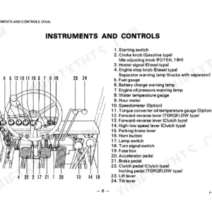 Komatsu FD10-FG30H forklift instruments and controls diagram showing steering wheel, pedals, and levers with numbered key.
