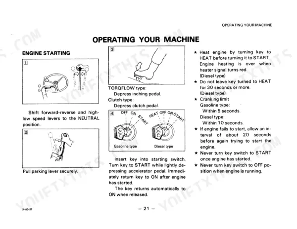 Komatsu FD10-FG30 series operator manual page showing engine starting procedures, key switch positions, and pedal usage.