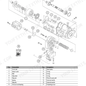 Wacker Neuson EZ38 hydraulic pump unit exploded view diagram with numbered parts list for drive unit, swash plate, and gear pump.