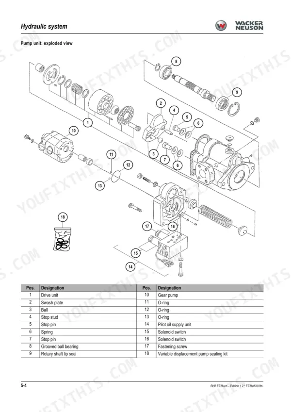 33f5626b-b3-exploded-view-154 Wacker Neuson EZ38 hydraulic pump unit exploded view diagram with numbered parts list for drive unit, swash plate, and gear pump.